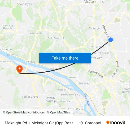 Mcknight Rd + Mcknight Cir (Opp Ross Park Mall Dr) to Coraopolis PA map