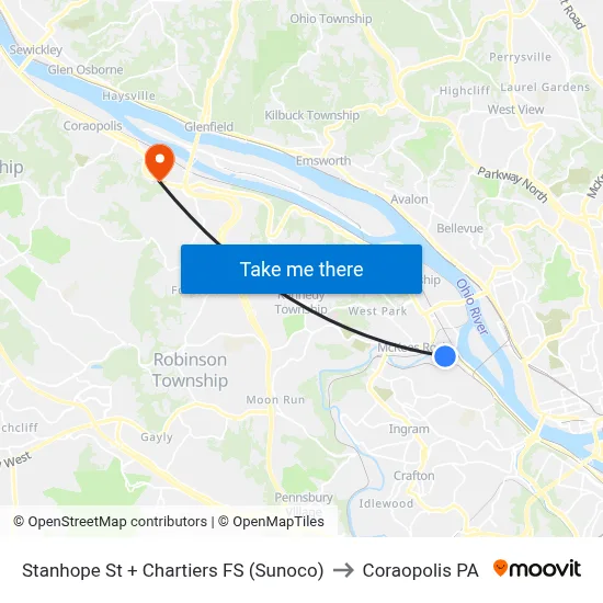 Stanhope St + Chartiers FS (Sunoco) to Coraopolis PA map