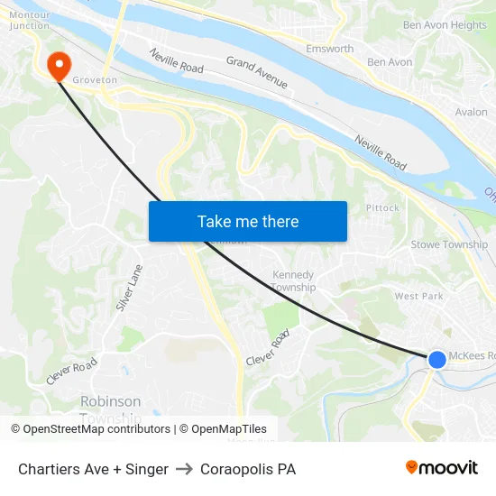 Chartiers Ave + Singer to Coraopolis PA map