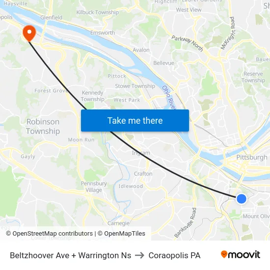 Beltzhoover Ave + Warrington Ns to Coraopolis PA map