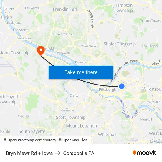 Bryn Mawr Rd + Iowa to Coraopolis PA map