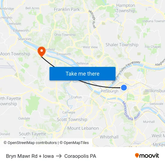 Bryn Mawr Rd + Iowa to Coraopolis PA map