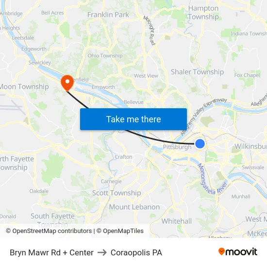 Bryn Mawr Rd + Center to Coraopolis PA map