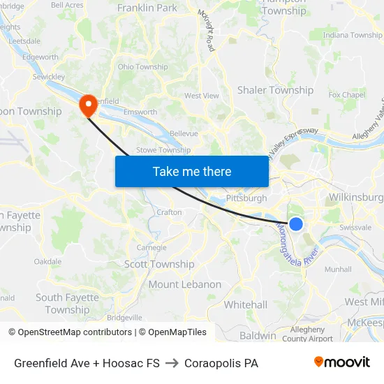 Greenfield Ave + Hoosac FS to Coraopolis PA map