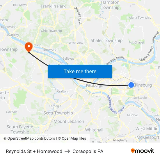 Reynolds St + Homewood to Coraopolis PA map