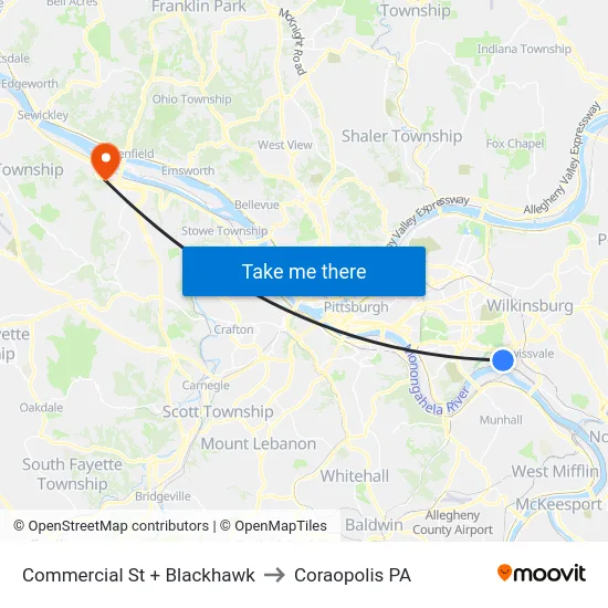 Commercial St + Blackhawk to Coraopolis PA map