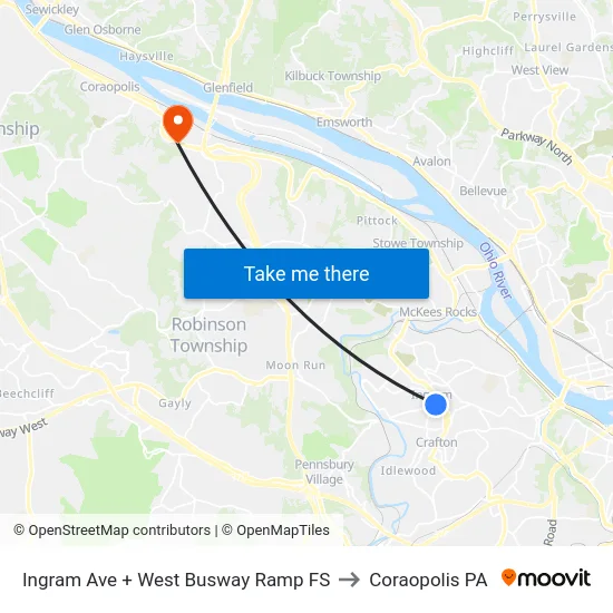 Ingram Ave + West Busway Ramp FS to Coraopolis PA map
