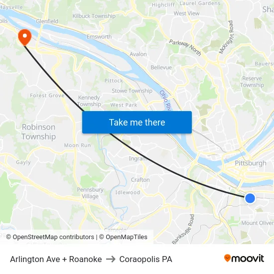 Arlington Ave + Roanoke to Coraopolis PA map