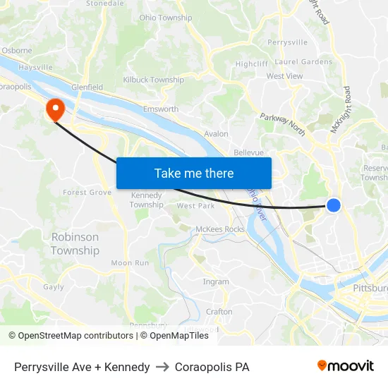 Perrysville Ave + Kennedy to Coraopolis PA map