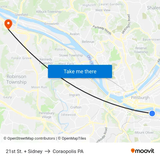 21st St. + Sidney to Coraopolis PA map