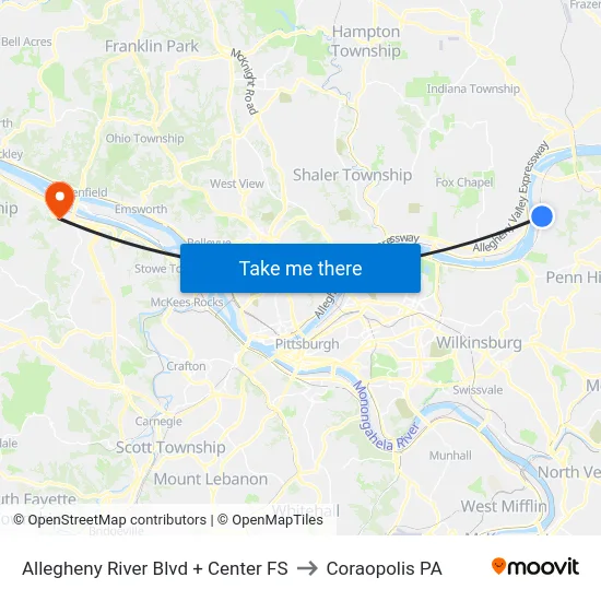 Allegheny River Blvd + Center FS to Coraopolis PA map
