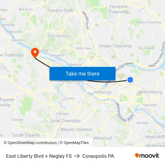 East Liberty Blvd + Negley FS to Coraopolis PA map