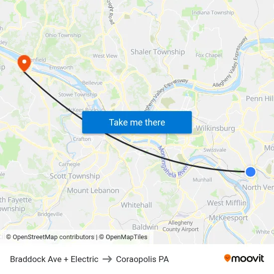 Braddock Ave + Electric to Coraopolis PA map