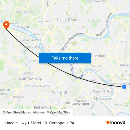 Lincoln Hwy + Motel to Coraopolis PA map