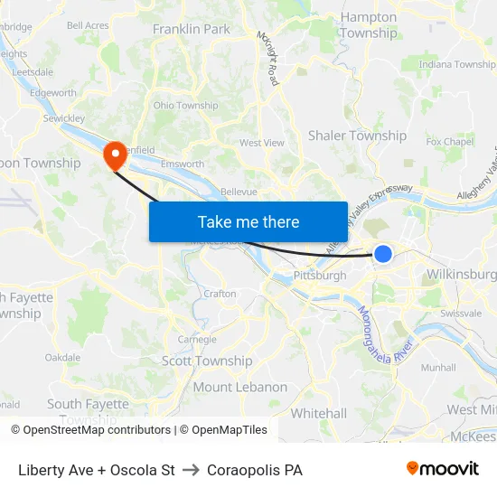 Liberty Ave + Oscola St to Coraopolis PA map