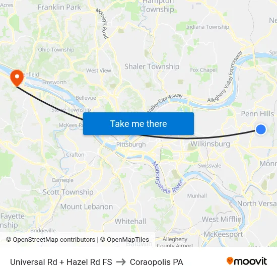 Universal Rd + Hazel Rd FS to Coraopolis PA map