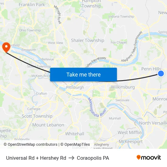 Universal Rd + Hershey Rd to Coraopolis PA map