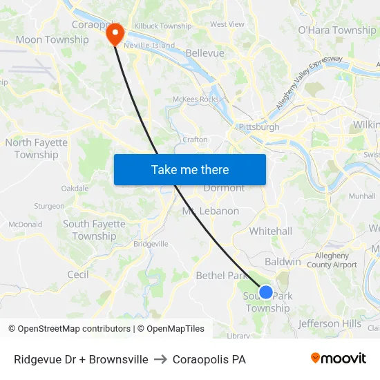 Ridgevue Dr + Brownsville to Coraopolis PA map