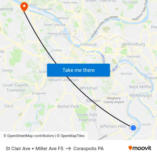St Clair Ave + Miller Ave FS to Coraopolis PA map