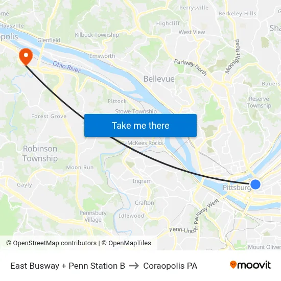East Busway + Penn Station B to Coraopolis PA map