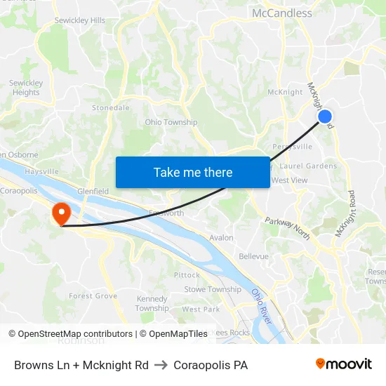 Browns Ln + Mcknight Rd to Coraopolis PA map