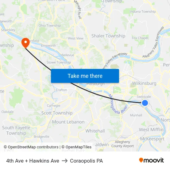 4th Ave + Hawkins Ave to Coraopolis PA map