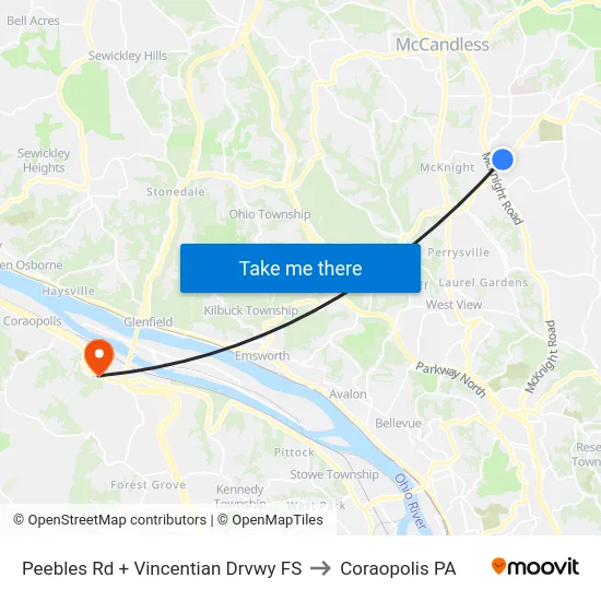 Peebles Rd + Vincentian Drvwy FS to Coraopolis PA map