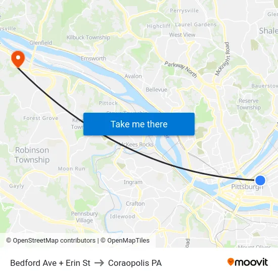 Bedford Ave + Erin St to Coraopolis PA map