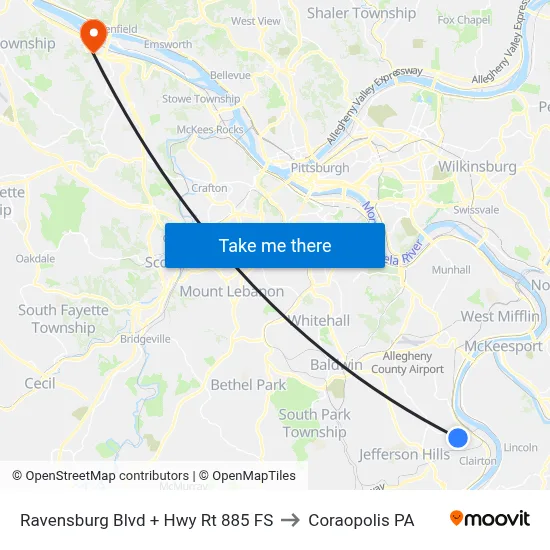 Ravensburg Blvd + Hwy Rt 885 FS to Coraopolis PA map