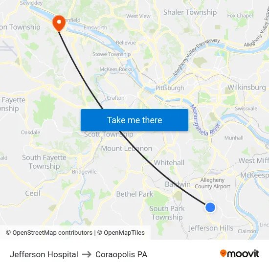Jefferson Hospital to Coraopolis PA map