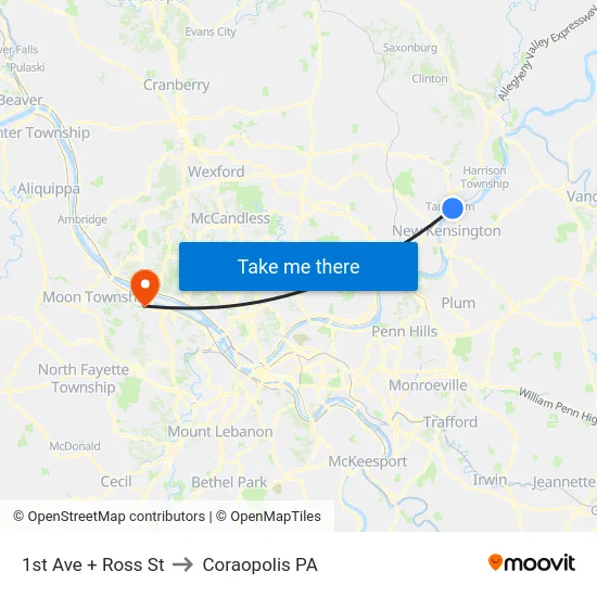 1st Ave + Ross St to Coraopolis PA map