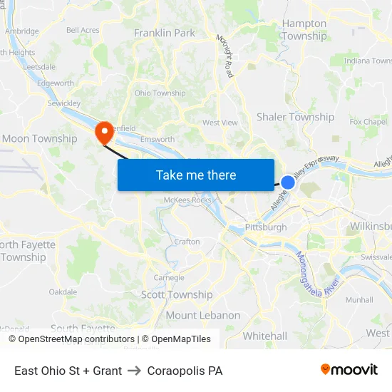 East Ohio St + Grant to Coraopolis PA map