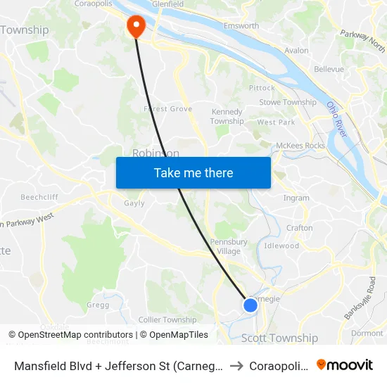 Mansfield Blvd + Jefferson St (Carnegie Station) to Coraopolis PA map