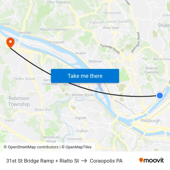 31st St Bridge Ramp + Rialto St to Coraopolis PA map