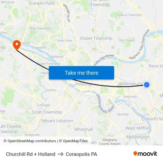Churchill Rd + Holland to Coraopolis PA map