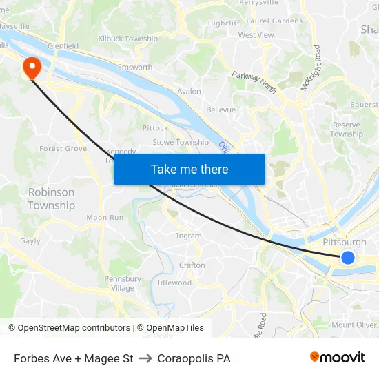 Forbes Ave + Magee St to Coraopolis PA map