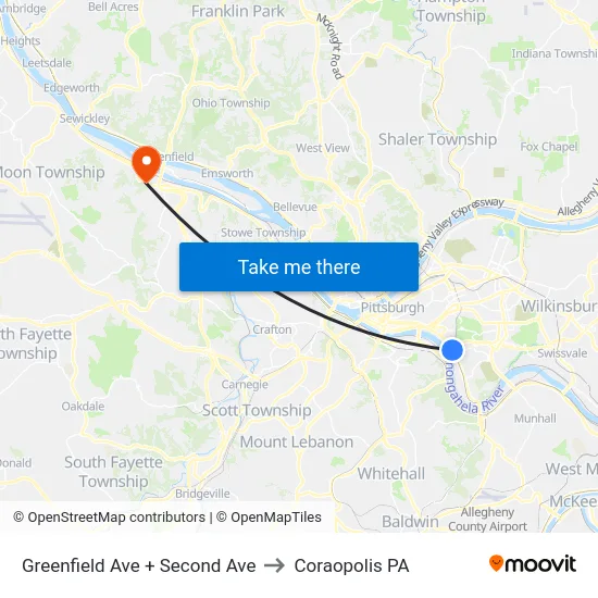 Greenfield Ave + Second Ave to Coraopolis PA map