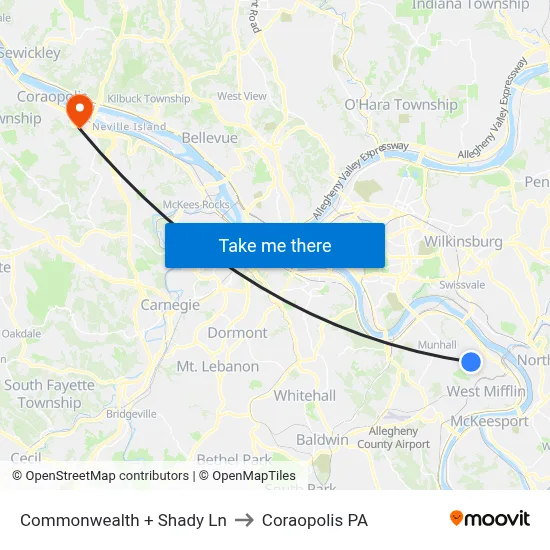 Commonwealth + Shady Ln to Coraopolis PA map