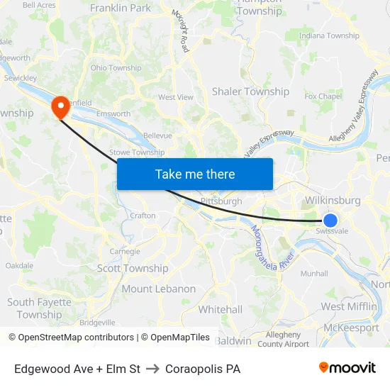 Edgewood Ave + Elm St to Coraopolis PA map