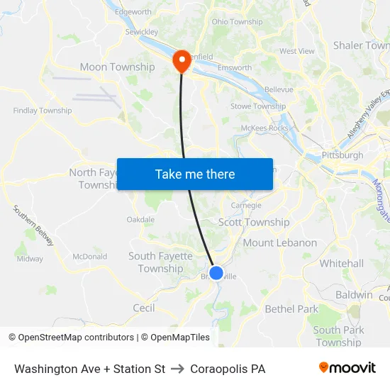 Washington Ave + Station St to Coraopolis PA map