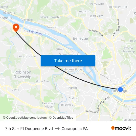 7th St + Ft Duquesne Blvd to Coraopolis PA map