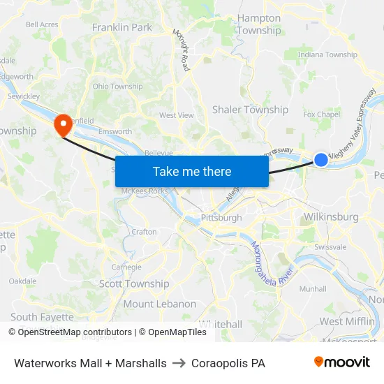 Waterworks Mall + Marshalls to Coraopolis PA map