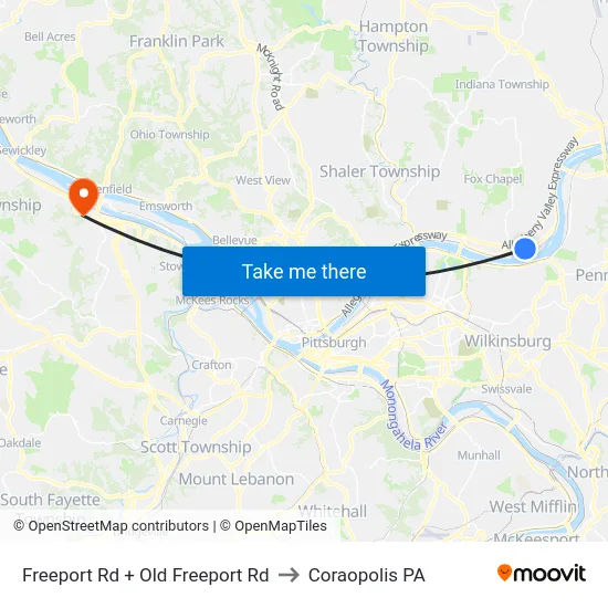 Freeport Rd + Old Freeport Rd to Coraopolis PA map