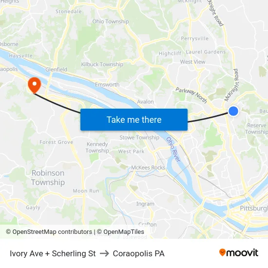 Ivory Ave + Scherling St to Coraopolis PA map