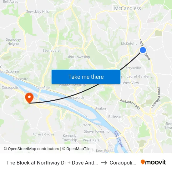 The Block at Northway Dr + Dave And Busters to Coraopolis PA map