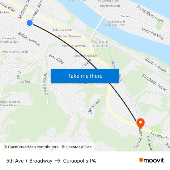 5th Ave + Broadway to Coraopolis PA map