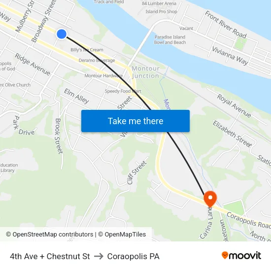 4th Ave + Chestnut St to Coraopolis PA map