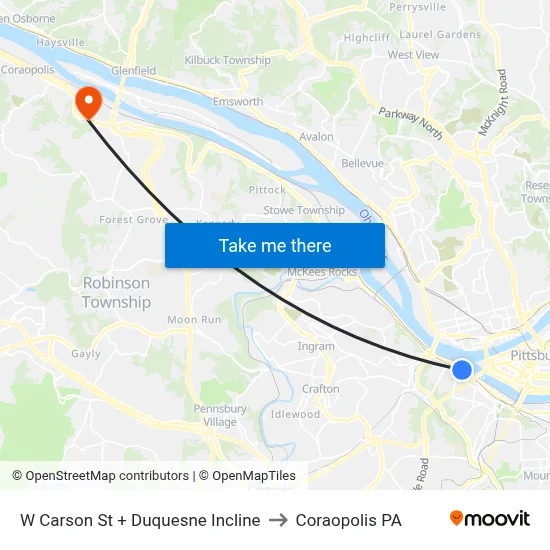 W Carson St + Duquesne Incline to Coraopolis PA map
