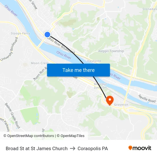 Broad St at St James Church to Coraopolis PA map