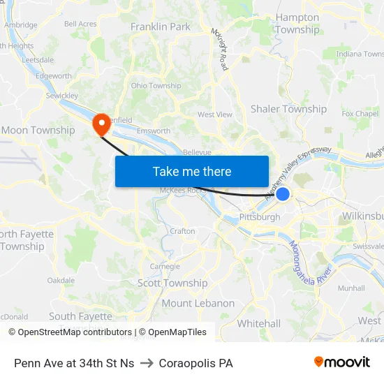 Penn Ave at 34th St Ns to Coraopolis PA map